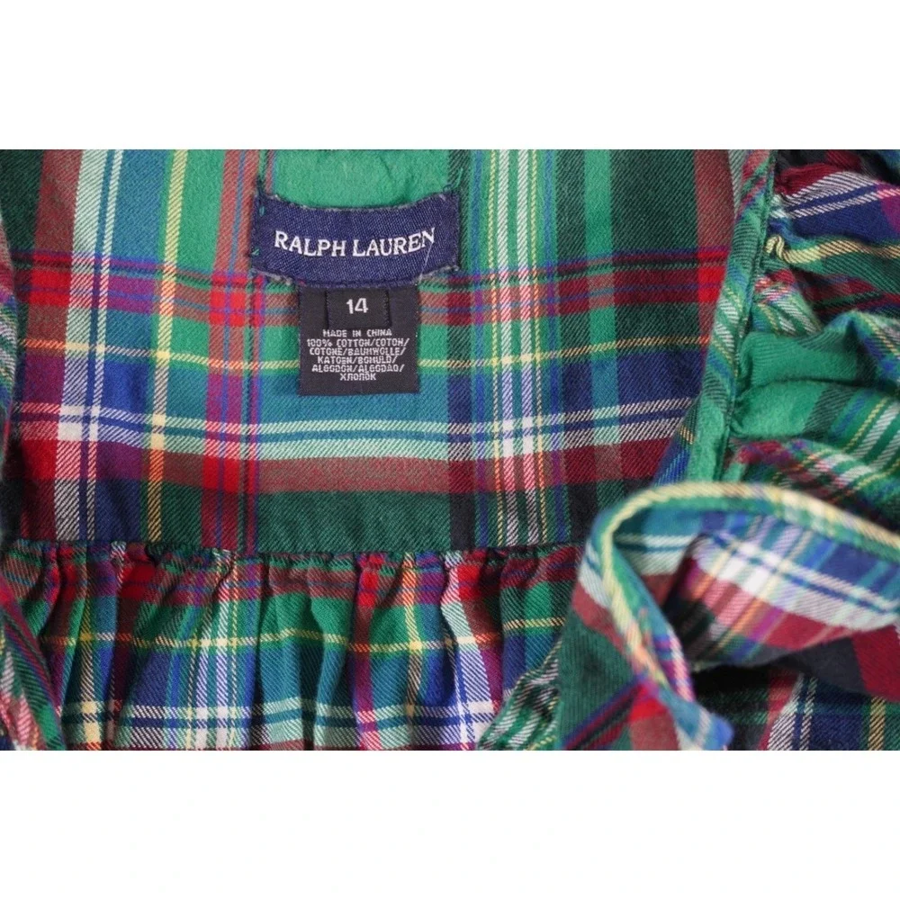 Ralph Lauren Dress Girls 14 Multicolor Plaid Cotton Flannel Ruffled Tie Waist